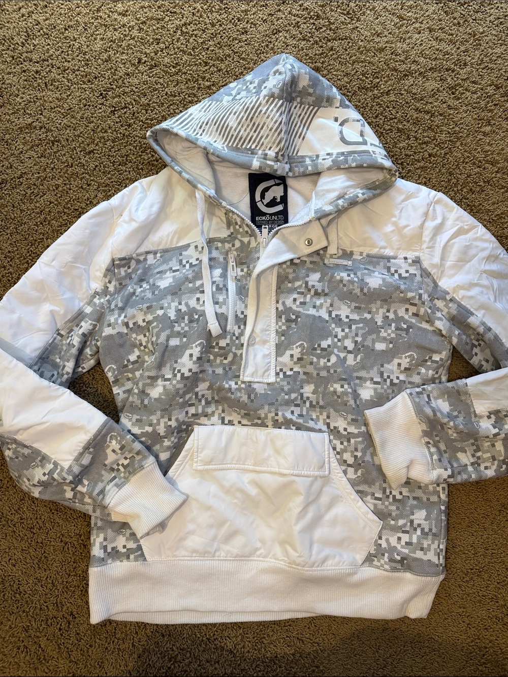 Vintage Ecko Unlimited Gray & White Digital Camo Hooded Pullover